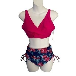 AQUA EVE Twist Front Two Piece
Bikini Set  Full Coverage Swimsuit-Pink Floral-M